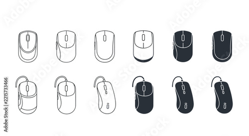 Large selection of computer mice icons showing various designs, shapes, and both wired and wireless models in black and white styles.