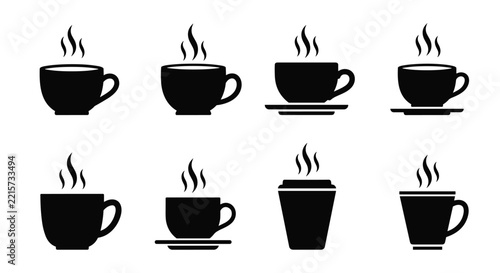 Various black silhouettes of coffee cups and mugs with steam rising, featuring different shapes and saucers for cafe and drink themes.