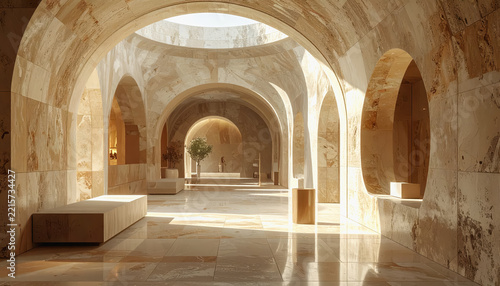 Sunlit ancient roman style hall with marble benches and arches