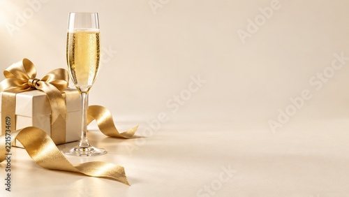Single Champagne Flute and Cream Gift with Flowing Golden Ribbon