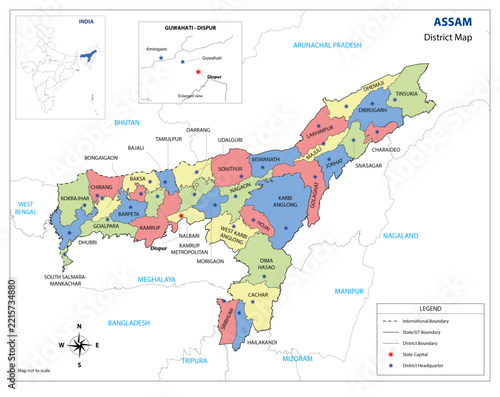 Detailed Administrative District Map of Assam State, India