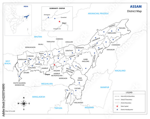 Detailed Administrative District Map of Assam State, India