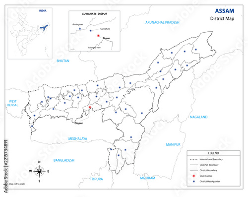 Detailed Administrative District Map of Assam State, India