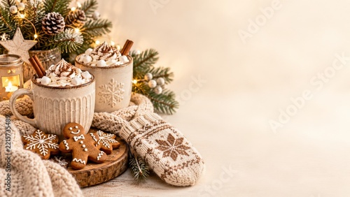 Hot Cocoa and Gingerbread Cookies with Knitted Mittens on Cream