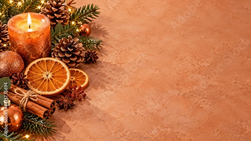 Rustic Orange Candle with Dried Citrus and Spices on Terracotta