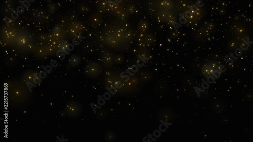 Golden Glitter Sparkle Particles Bokeh Background, Floating luxury golden particle dust and glowing bokeh light sparkles overlay on dark background.