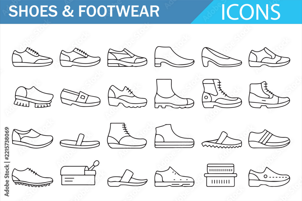 Obraz premium Fashion Footwear Icons, Sneakers Boots Casual Shoes and Sportswear Line Art Collection