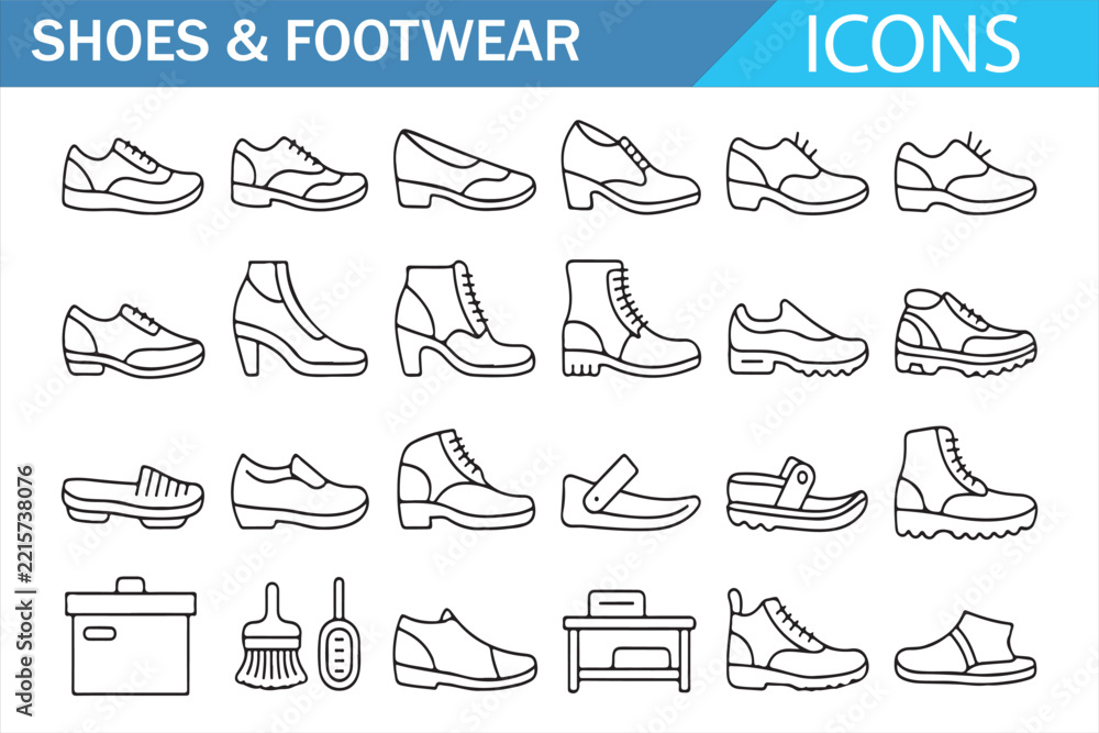 Obraz premium Footwear Design Icons Set, Sports Shoes Boots Sneakers and Fashion Shoes Collection
