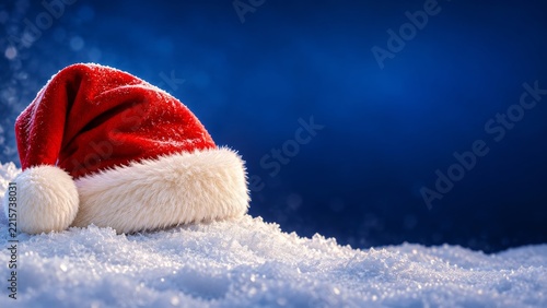 Plush Red Santa Hat on Glittering Snow with Deep Blue Copy Space
