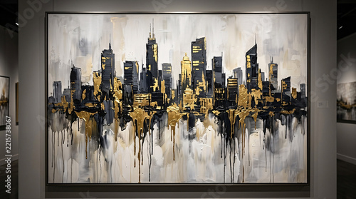 Large abstract cityscape oil painting on gallery wall with black and gold tones painting cityscape