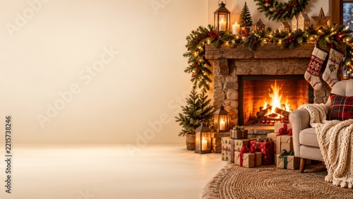 Cozy Christmas Fireplace with Armchair and Patterned Stockings on Cream