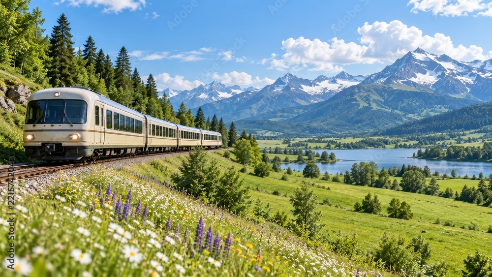 Naklejka premium Cream Passenger Train Crossing an Alpine Meadow Above a Blue Lake