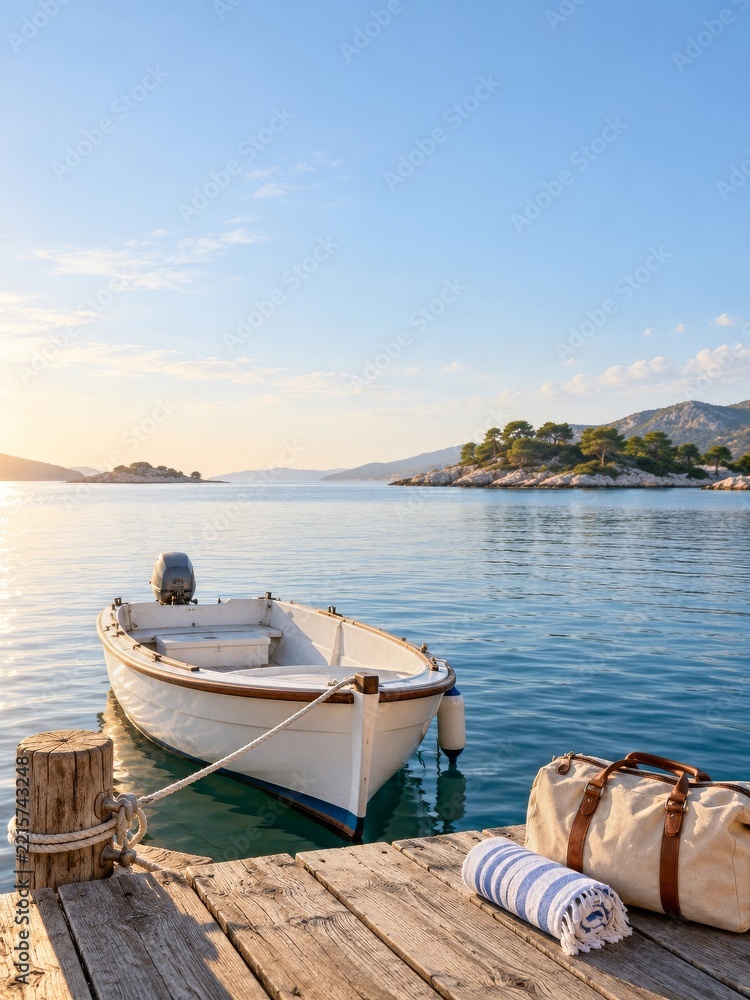 Fototapeta premium White Motorboat and Travel Bag Beside a Wooden Pier Under Open Sky