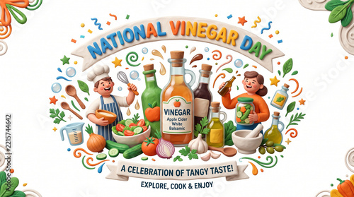 National Vinegar Day 3D Illustration Poster Featuring Chef, Pickling Jars, Fresh Vegetables, and Assorted Vinegar Bottles