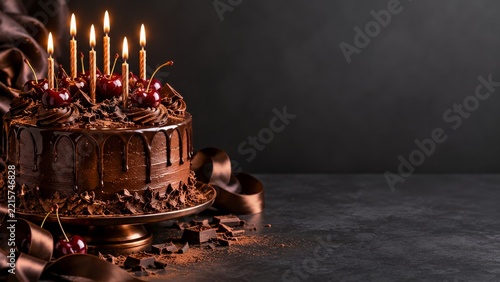 Dark chocolate cherry cake with copper candles on a charcoal background