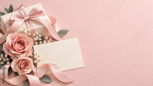 Blank greeting card with paper roses, ribbon and a blush gift box