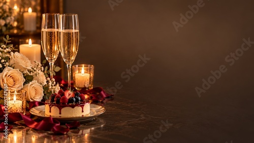 Candlelit berry cake with champagne flutes and cream roses on dark marble