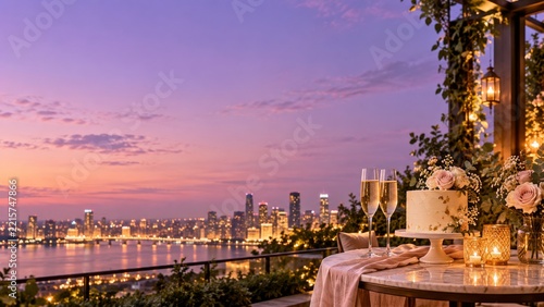 Romantic terrace cake and champagne overlooking a city skyline at dusk