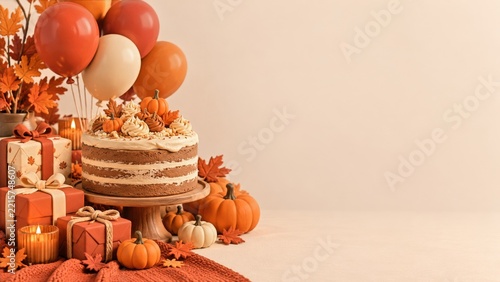Autumn Layer Cake with Pumpkin Decorations and Warm Party Gifts
