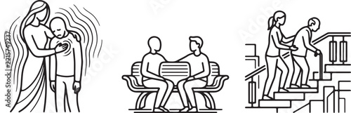 Caregiving, Counseling and Emotional Support Line Illustration Set