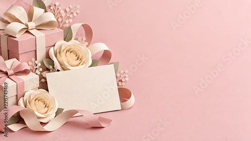Folded Paper Roses and Pastel Gifts with Blank Ivory Greeting Card