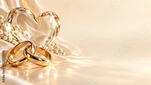 Interlocked Gold Wedding Rings with Glass Heart and Ivory Satin