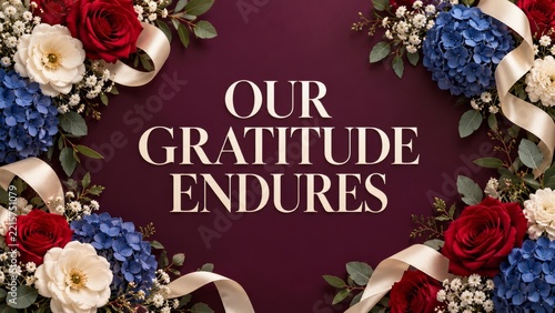 Our Gratitude Endures Floral Greeting with Red Roses and Blue Hydrangeas