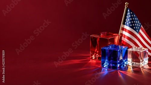Red Blue and Clear Glass Cubes with American Flag on a Deep Red Set