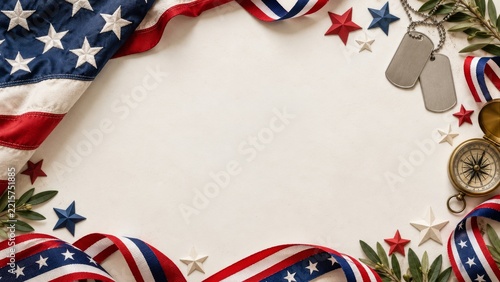 American Flag Metal Tags Compass and Paper Stars around an Ivory Frame
