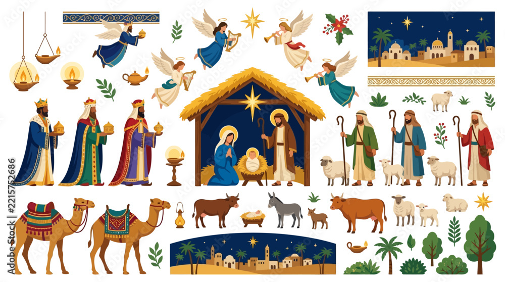 Fototapeta premium Christmas Nativity scene vector elements set with holy family and wise men for holiday cards Silhouette Editable EPS