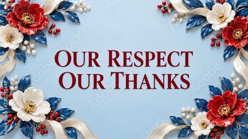 Our Respect Our Thanks Greeting with Glossy Ceramic Flowers and Blue Leaves