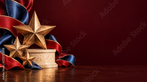 Golden Stars on Stone Podium with Patriotic Ribbons and Burgundy Space
