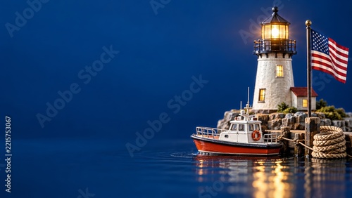 Miniature Lighthouse Boat Dock and American Flag on a Deep Blue Set