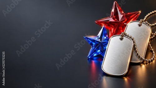 Silver Identification Tags with Red and Blue Crystal Stars on Dark Gray