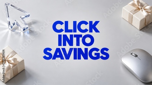 Blue Click Into Savings Banner with Glass Cursor and Cream Gift Boxes