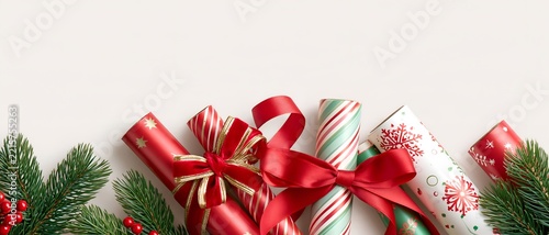 Decorative Christmas crackers with ribbons and pine sprigs on white