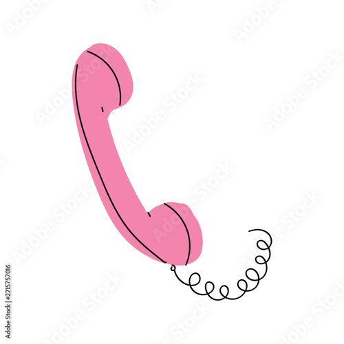 Pink telephone handset vector illustration featuring retro style design elements with black outlines and curly cord details isolated on a clean white background for various creative projects