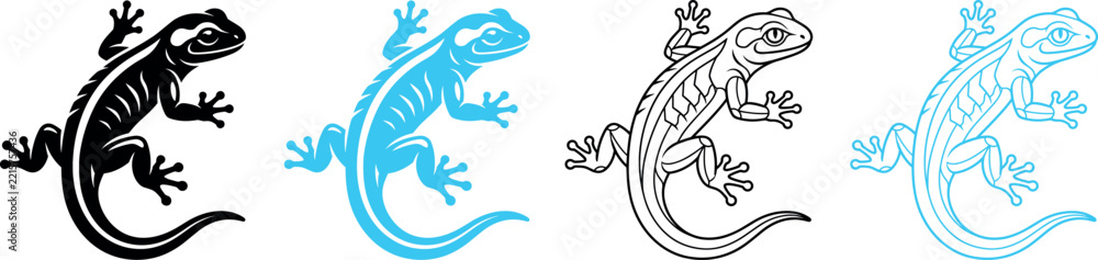 Obraz premium Lizard Gecko Reptile Silhouette and Outline Vector Icon Set