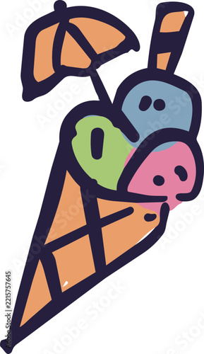 Ice Cream Cone with Three Scoops Colorful Doodle Icon