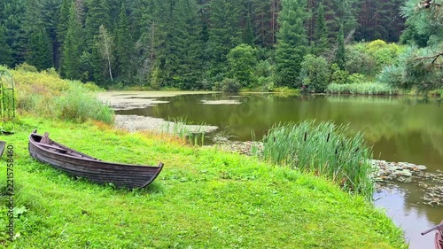 Wooden rowboat with oars resting on calm water surrounded by green grass and lily pads near a wooden dock in a serene natural setting