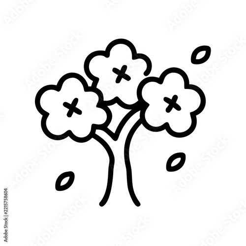 Cherry blossom tree icon with falling petals in minimalist line art