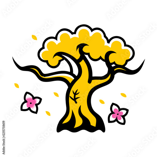 Stylized cherry blossom tree icon with falling petals in flat vector