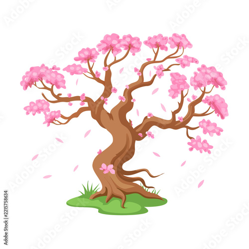 Cherry blossom tree illustration with pink flowers and falling petals