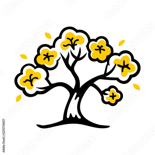 Yellow flowering tree icon in a minimalist flat vector illustration