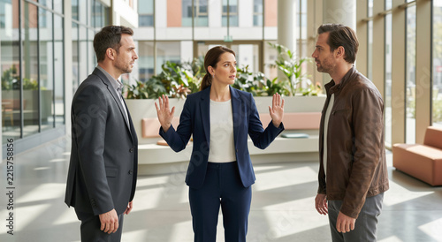 Businesswoman Mediating Conflict Between Two Male Colleagues in Modern Office Lobby