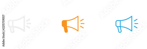 Set of three megaphone icons in different styles and colors on a white background