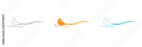 Three colorful birds perched on a branch in a minimalist line art style