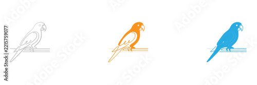 Three colorful parrot line art illustrations in gray orange and blue tones