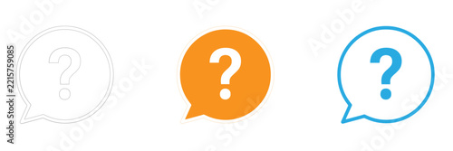Three question mark speech bubbles in varying styles and colors isolated on white