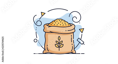 Cute cartoon style sack of golden wheat grain with decorative line elements on a light blue background.